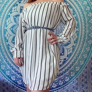 Off-the-shoulder striped dress (belt not included)